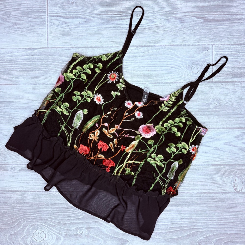embroidered colorful floral flower cropped tank top large ruffle sleeveless top